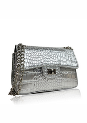 CALYPSO SHOULDER BAG WITH CHAIN AND BUCKLE DETAIL IN SILVER CROC