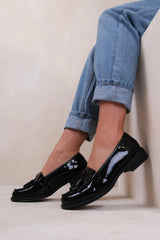 IMOGEN WIDE FIT FLATFORM SLIP ON LOAFERS SHOES WITH TASSLE IN BLACK PATENT