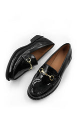 CIELO WIDE FIT ROUND TOE SINGLE METAL BAR LOAFERS IN BLACK PATENT