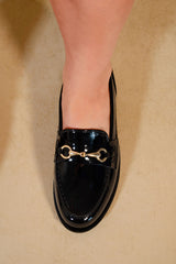 CIELO ROUND TOE SINGLE METAL BAR LOAFERS IN BLACK PATENT