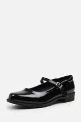 KINGSTON EXTRA WIDE FIT LOW HEEL LOAFER WITH STRAP AND BUCKLE DETAIL IN BLACK PATENT