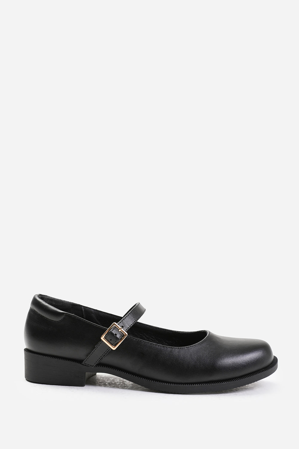 KINGSTON  LOW HEEL LOAFER WITH STRAP AND BUCKLE DETAIL IN BLACK FAUX LEATHER