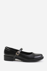 KINGSTON EXTRA WIDE FIT LOW HEEL LOAFER WITH STRAP AND BUCKLE DETAIL IN BLACK FAUX LEATHER