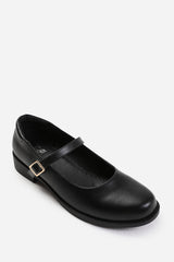 KINGSTON EXTRA WIDE FIT LOW HEEL LOAFER WITH STRAP AND BUCKLE DETAIL IN BLACK FAUX LEATHER