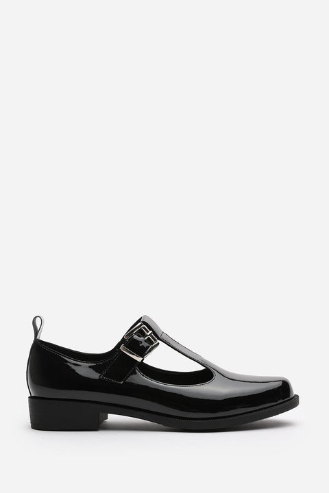 Natalie Extra Wide Fit Mary Jane Loafers With Buckle Strap In Black Patent Finish