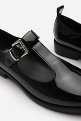 Natalie Wide Fit Mary Jane Loafers With Buckle Strap In Black Patent Finish