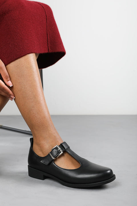 Keely Extra Wide Fit Girl's School T-Bar Buckle Mary Jane Shoes In Black Faux Leather