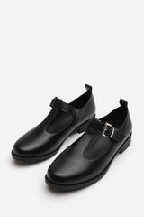 Natalie Mary Jane Loafers With Buckle Strap In Black Faux Leather