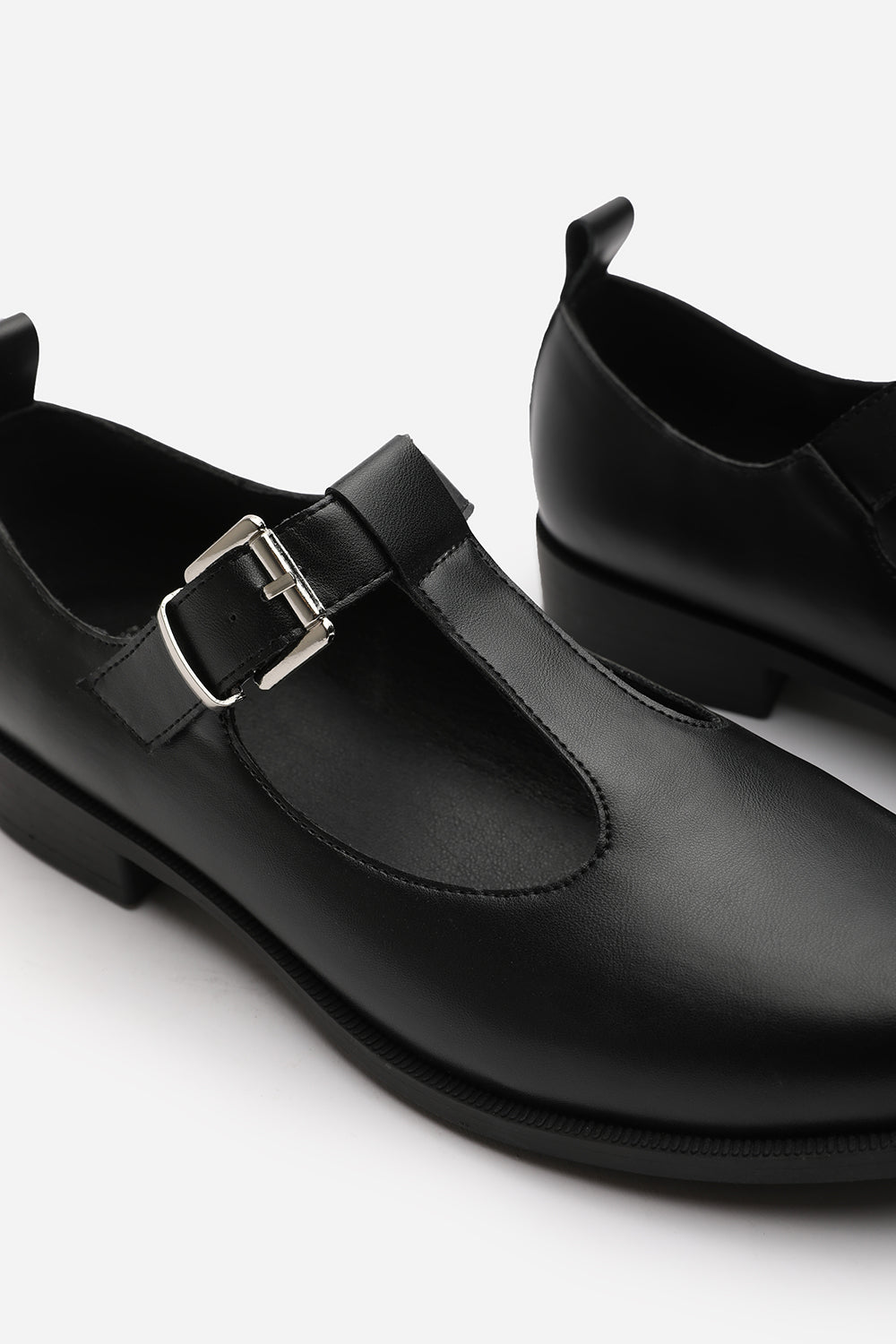 Natalie Mary Jane Loafers With Buckle Strap In Black Faux Leather