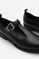 Natalie Mary Jane Loafers With Buckle Strap In Black Faux Leather