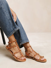 NATALIA STUDDED GLADIATOR SANDALS IN TAN FAUX LEATHER