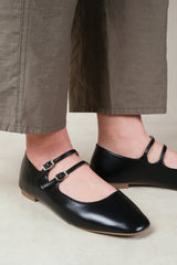 DETOX STRAPPY BALLERINA FLATS IN BLACK FAUX LEATHER