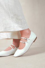 DETOX STRAPPY BALLERINA FLATS IN WHITE FAUX LEATHER