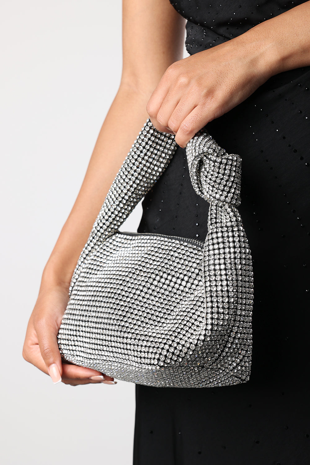 Honey Diamante Knot Handle Evening Bag In Silver