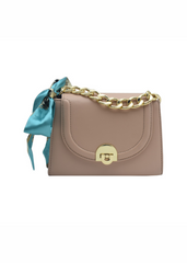CALM BAG WITH CHAIN HANDLE AND SCARF DETAIL IN LIGHT TAN FAUX LEATHER