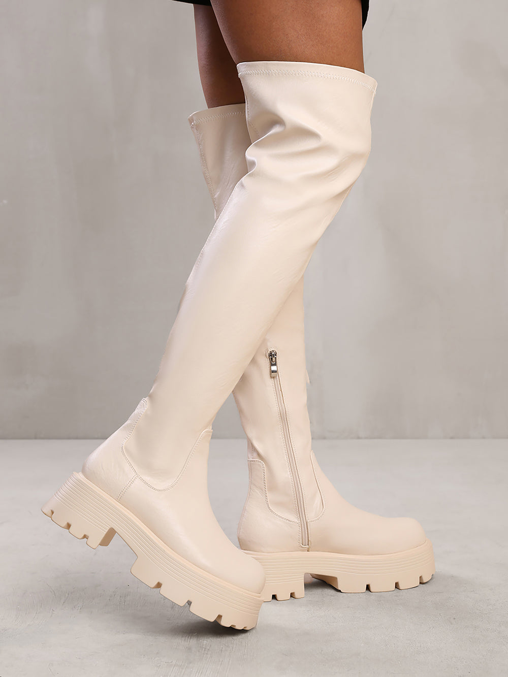 TILLEY CHUNKY CHELASEA CALF HIGH BOOTS WITH SIDE ZIP IN IVORY CREAM FAUX LEATHER