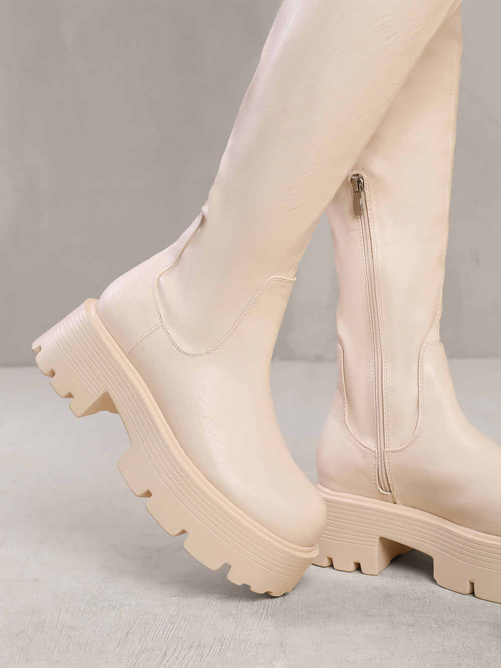 TILLEY CHUNKY CHELASEA CALF HIGH BOOTS WITH SIDE ZIP IN IVORY CREAM FAUX LEATHER