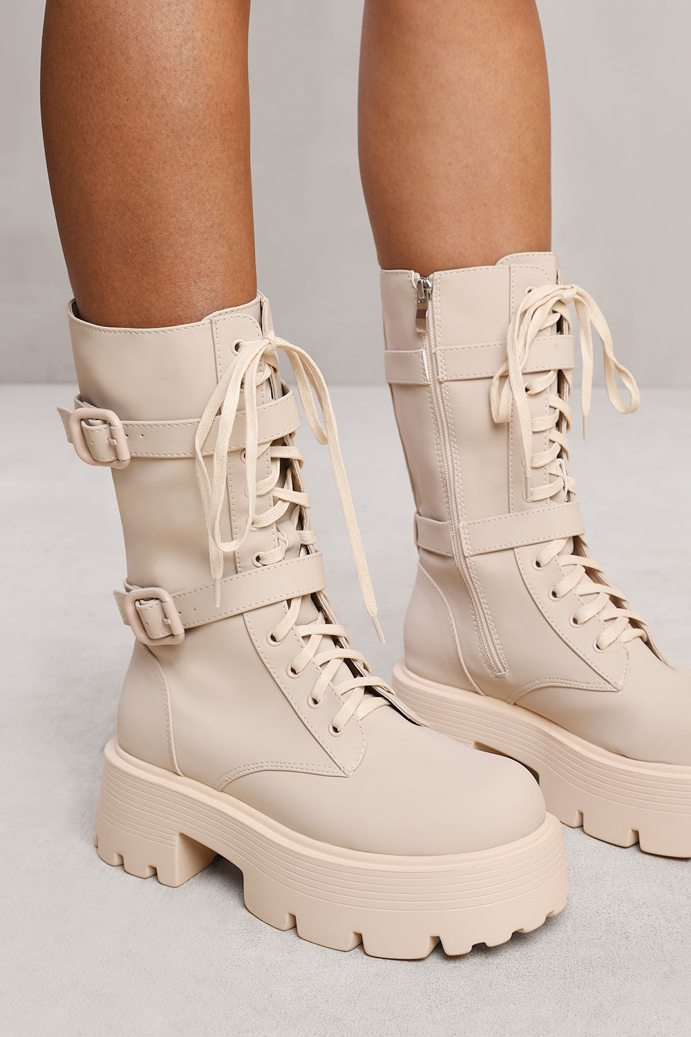 EVIE LACE UP BOOT WITH BUCKLE DETAIL AND CHUNKY SOLE IN CREAM