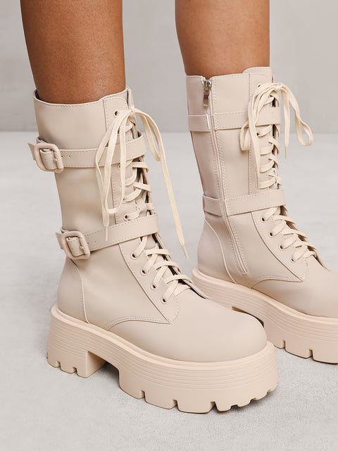 EVIE LACE UP BOOT WITH BUCKLE DETAIL AND CHUNKY SOLE IN CREAM