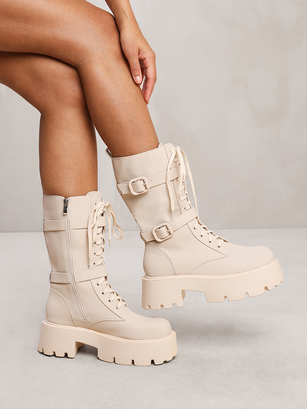 EVIE LACE UP BOOT WITH BUCKLE DETAIL AND CHUNKY SOLE IN CREAM