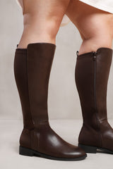 PARKER STRETCH WIDE CALF KNEE HIGH BOOTS WITH SIDE ZIP IN WIDE E FIT IN DARK BROWN FAUX LEATHER