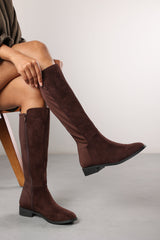 Parker Knee High Boots With Side Zip In Dark Brown Suede