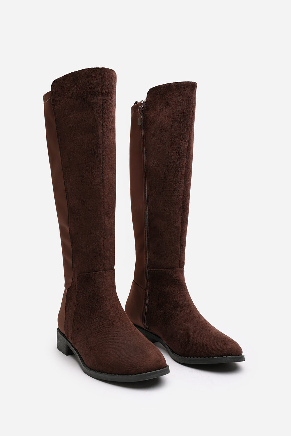 Parker Knee High Boots With Side Zip In Dark Brown Suede