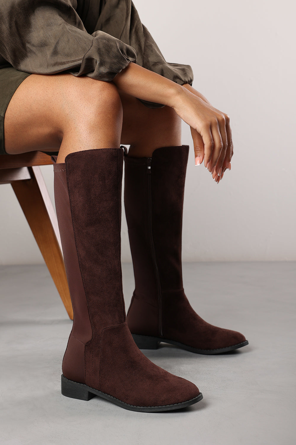 Parker Knee High Boots With Side Zip In Dark Brown Suede