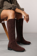 Parker Knee High Boots With Side Zip In Dark Brown Suede