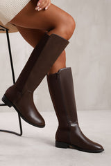 PARKER KNEE HIGH BOOTS WITH SIDE ZIP IN DARK BROWN FAUX LEATHER