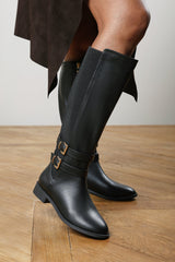 Elaris Wide Fit Double Buckle Detail Stretch Elastic Knee High Riding Boots