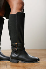 Elaris Wide Fit Double Buckle Detail Stretch Elastic Knee High Riding Boots