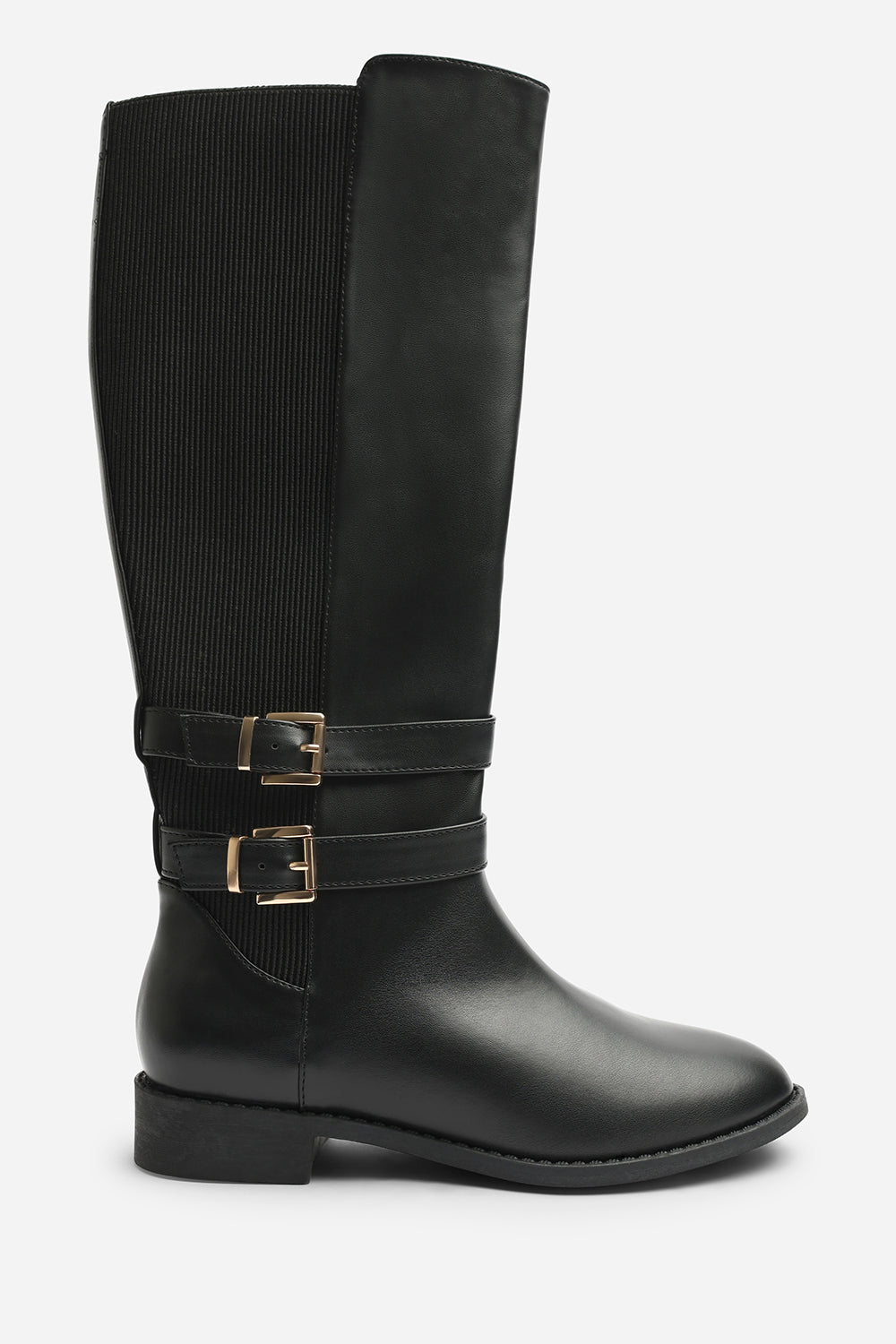Elaris Wide Fit Double Buckle Detail Stretch Elastic Knee High Riding Boots