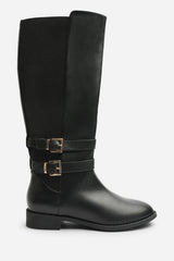 Elaris Double Buckle Detail Stretch Elastic Knee High Riding Boots