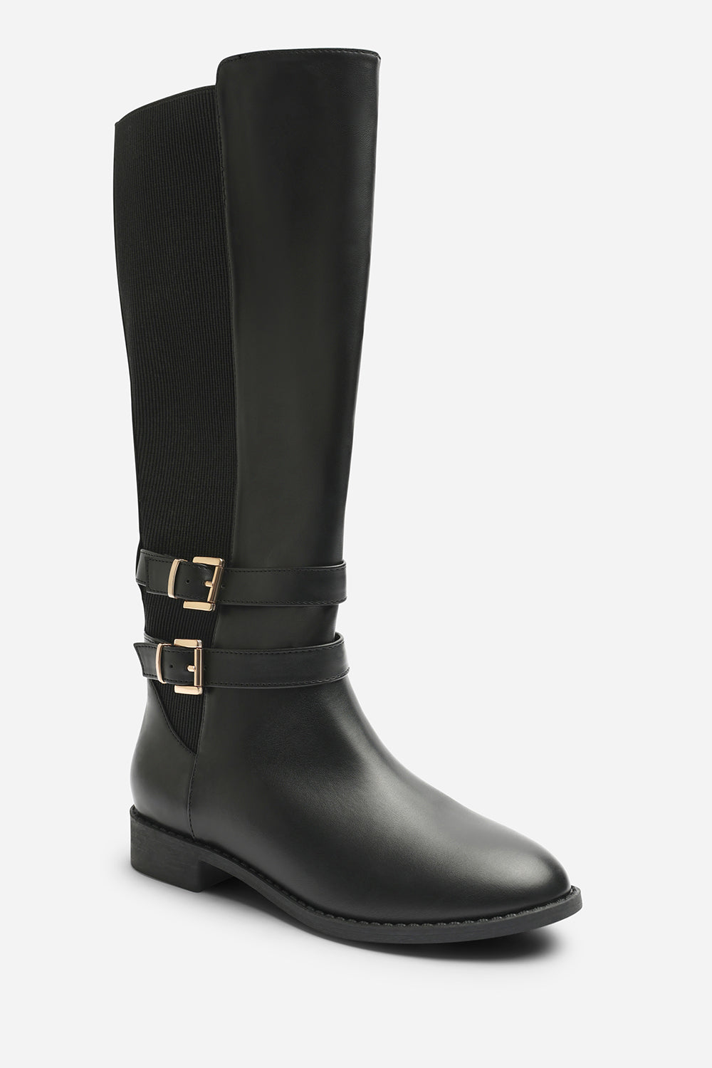 Elaris Wide Fit Double Buckle Detail Stretch Elastic Knee High Riding Boots