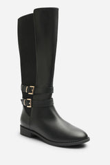 Elaris Wide Fit Double Buckle Detail Stretch Elastic Knee High Riding Boots