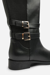 Elaris Double Buckle Detail Stretch Elastic Knee High Riding Boots