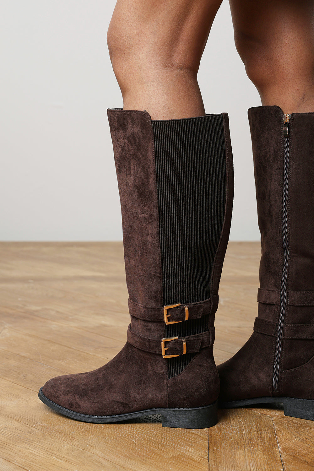 Elaris Double Buckle Detail Stretch Elastic Knee High Riding Boots