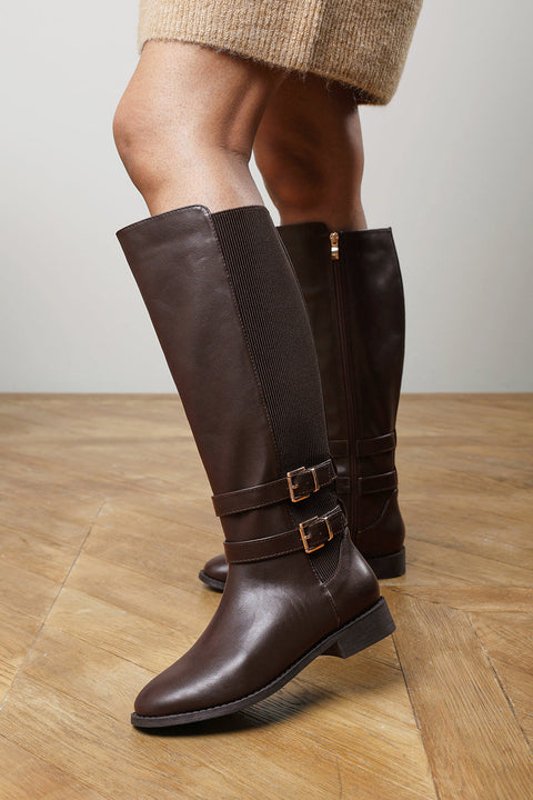 Elaris Wide Fit Double Buckle Detail Stretch Elastic Knee High Riding Boots