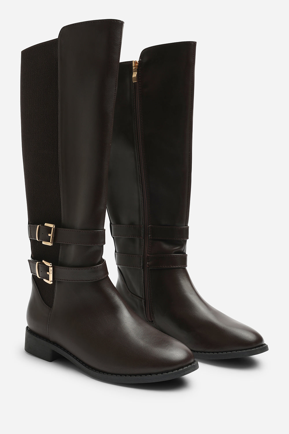 Elaris Double Buckle Detail Stretch Elastic Knee High Riding Boots