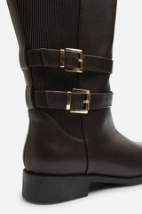 Elaris Wide Fit Double Buckle Detail Stretch Elastic Knee High Riding Boots