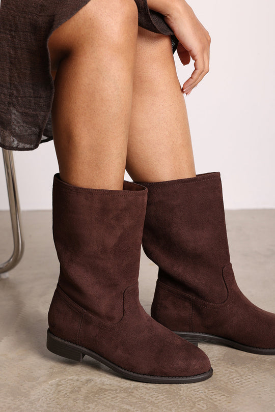 Colette Mid Calf Boots with Flat Sole in Dark Brown Suede