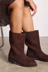 Colette Mid Calf Boots with Flat Sole in Dark Brown Suede