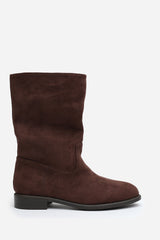 Colette Mid Calf Boots with Flat Sole in Dark Brown Suede