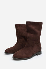 Colette Mid Calf Boots with Flat Sole in Dark Brown Suede