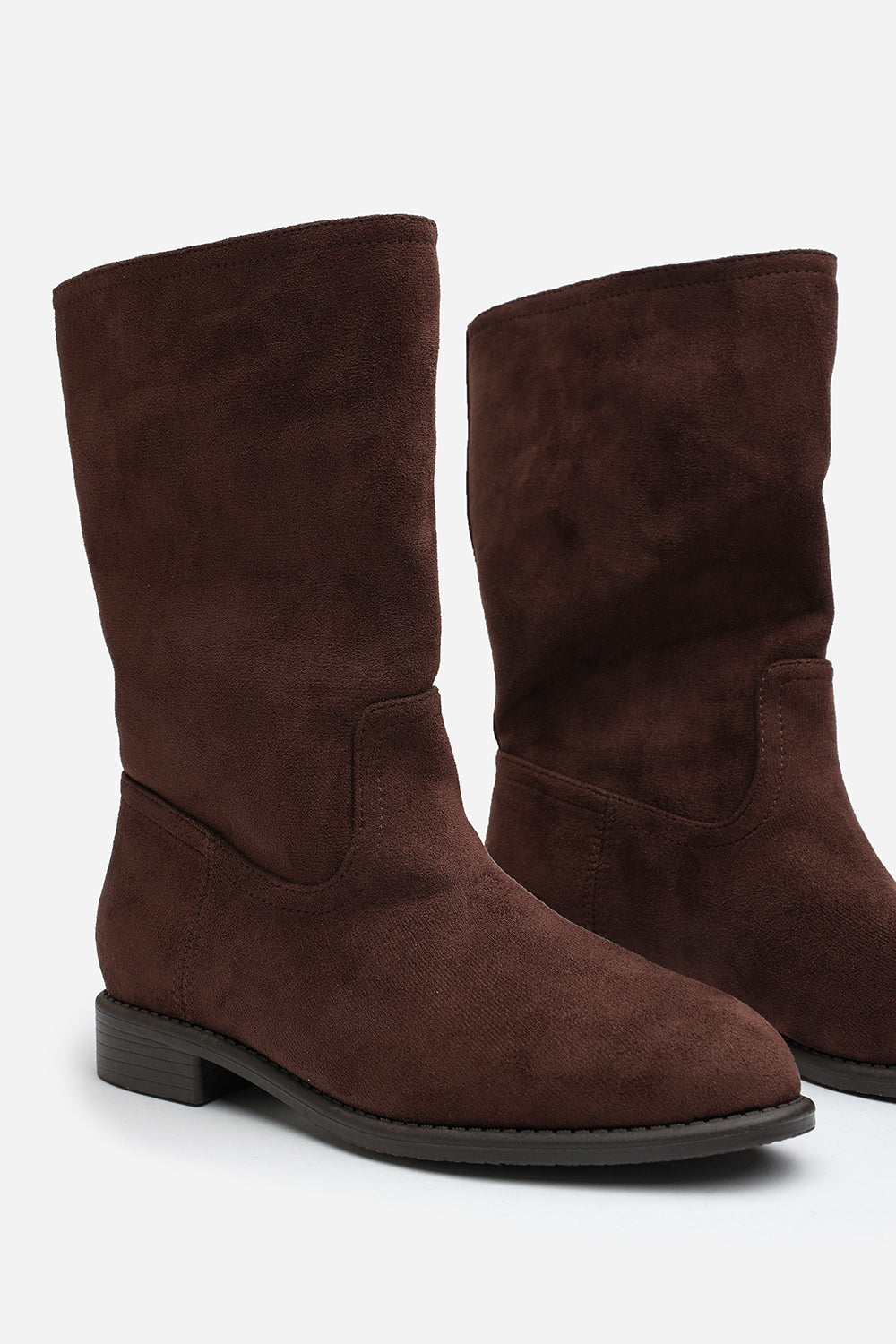 Colette Mid Calf Boots with Flat Sole in Dark Brown Suede