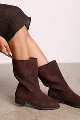 Colette Mid Calf Boots with Flat Sole in Dark Brown Suede