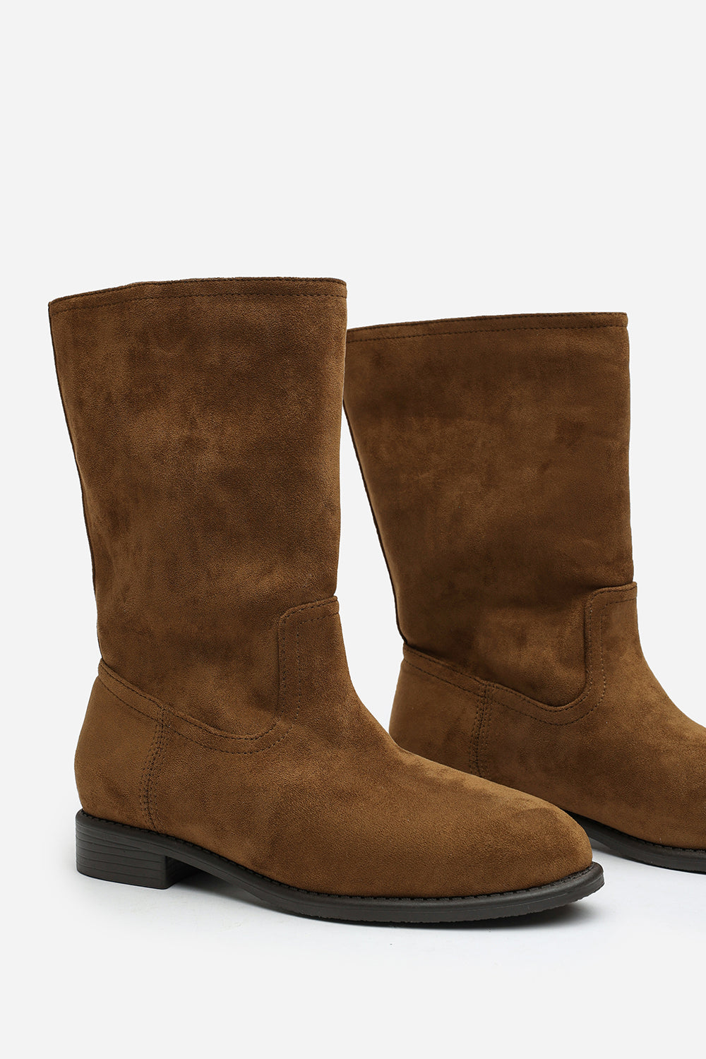 Colette Mid Calf Boots with Flat Sole in Khaki Suede