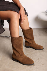 Colette Mid Calf Boots with Flat Sole in Khaki Suede