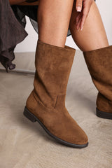 Colette Mid Calf Boots with Flat Sole in Khaki Suede